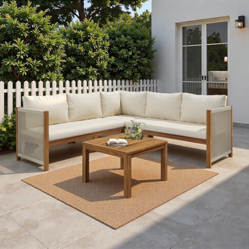 Sapgaks Ensemble de Salon de Jardin extérieur 5 Personnes,canapé d'angle + Table Basse,Cadre en Acacia,Plateau de Table en Acacia,Artisanat en Corde tressée (A-Beige)