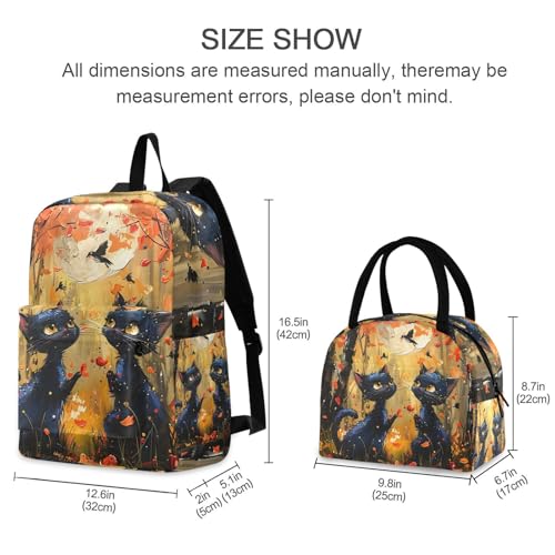 Backpack Lunch Box Set Large Capacity Travel Backpacks and Insulated Lunch Bag for Commute Hiking Picnic Black Cat Forest Print2