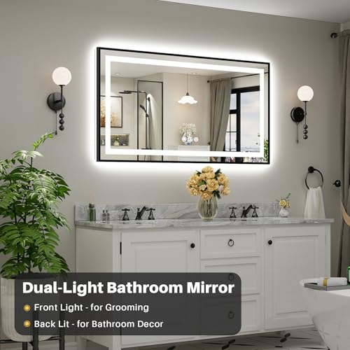 Image of 55x30 Inch LED Bathroom Mirror with Black Frame, Backlit & Front Lit, Anti-Fog Lighted Bathroom Vanity Mirror for Wall, Memory Function, Dimmable, HD Tempered Glass, Shatter-Proof