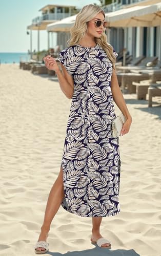 Image of HiMONE Beach Vacation Dresses for Women 2025 Sundress Cap Sleeves Casual Maxi Beach Dress with Pockets XS-2XL