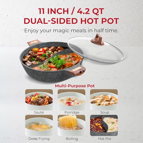 Image of Rosewill 4.2QT Double Flavor Non-Sticking Shabu Shabu Hot Pot with Divider, 13 inch Divided Stockpot for Cooking, Hot Pot for Induction Cooktop & Gas Stove, Electric Burner - Dark Gray