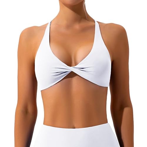 Litthing Womens Sexy Sports Bra Backless V Neck Yoga Bras Low Cut Athletic Crop Top Criss Cross Workout Tank Tops Wireless Removable Padded Bralette for Gym Fitness White