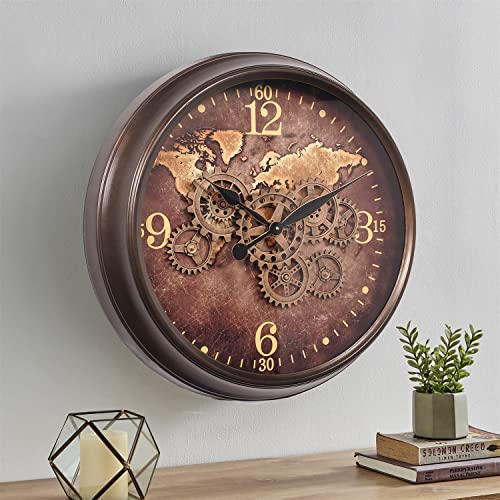 Clxeast 24 Inch Large Wall Clock With Moving Gears, Industrial World Map Modern Wall Decor Clock, Oversized Cool Silent Wall Clock For Living Room Decor,Office,Oil Rubbed Bronze Brown #TOP11