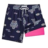 maamgic Mens Swim Trunks with Compression Liner 7 Inch Inseam Mens Bathing Suit Quick Dry Swimming Trunks Swimsuit Luminous Dragon Dark Blue with Pink Large