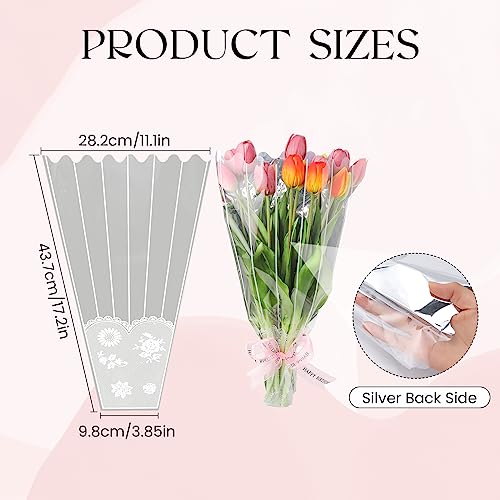Nuomi 100 Pcs Flower Bouquet Bag Plastic Wrapping Bags With Lace Decor Disposable Cellophane Floral Bouquet Sleeve For Wedding, Mother's Day, Birthday, Holiday, Valentine, 19 Inch #TOP1