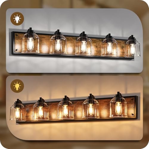 GOEBLESON 5-Light Bathroom Fixture, 39.8" Large Farmhouse Vanity Light, E26 Base (Bulbs Not Included), Thickened Glass Shade, for Bathroom, Bedroom, Vanity, Hallway, Rustic Brown and Black F21BD05 by GOEBLESON - Used condition - Image 8