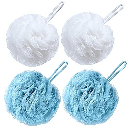 VANZAVANZU Lot de 4 éponges de bain en loofah - 80 g - Pour homme et femme - Turquoise + Blanc Cover