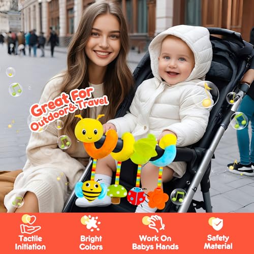 Image of TSYAN Caterpillar Spiral Stroller Toy with Teether | Soft travel activity plush features a bee, ladybug, and flower teether. Perfect for on-the-go sensory play and soothing.
