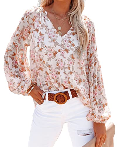 MLEBR Womens Blouses Casual Summer Sheer Long Sleeve Chiffon V Neck Floral Printed Blouses Tops T Shirts for Work White S (Lined Body Only)