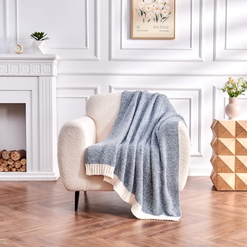 Image of CozeCube Reversible Knitted Throw Blanket, Dusty Blue White Melange 60 inchx80 inch