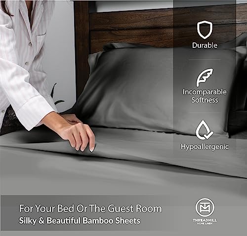 Image of Threadmill Rayon Bamboo Twin XL Sheets for Twin XL Size Bed, 3 Piece Cooling Bed Sheets Set Dark Grey - Silky Soft, Lightweight, Breathable -15 Inch Deep Pocket -Moisture Wicking & Temp Regulating | 15 inch Deep Pocket, Cooling Sheet, Breathable, Lightweight, OEKO-TEX Certified