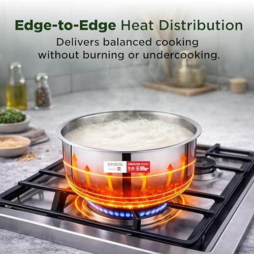Image of ENSIS 18cm Triply Tope with Steel Lid (2.25 Litre) Heavy Duty Stainless Steel Patila /Bhagona for Milk & Tea, Induction Friendly, 5 Year Warranty