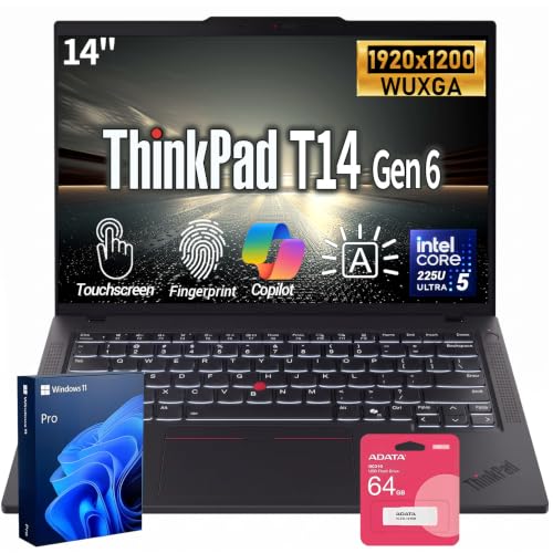 Image of Lenovo ThinkPad T14 14 inch WUXGA Intel Core Ultra 5 225U Business AI Laptop, | 64GB DDR5 + 2TB SSD, Touchscreen, Backlit Keyboard, Fingerprint Reader, Thunderbolt 4, 5MP RGB Camera, WiFi 6E, Win 11 Pro