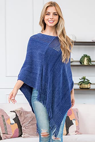RIAH FASHION Warm Turtleneck Knit Stripe Fringe Hem Poncho - Fall Winter Asymmetric Pullover Sweater Shawl Wrap Tassel3