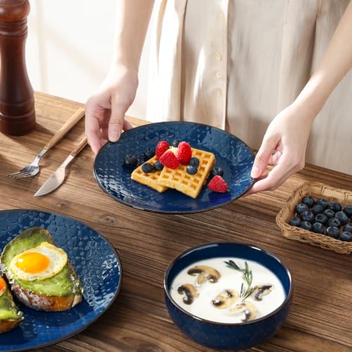 Image of MALACASA 16 Pieces Dinnerware Sets, Farmhouse Plates and Bowls Sets, Embossed Blue Dish Set for 4, Vintage Relief Ceramic Dish Set with Mugs, Microwave and Dishwasher Safe, Series LYDIA