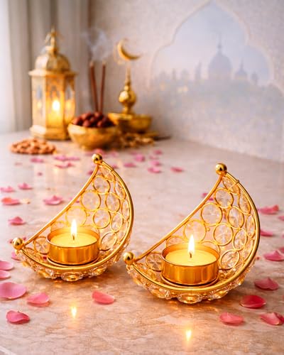 Image of Homesake Crystal Handcrafted Moon Shaped Tea Light Candle Holder for Home Decor Table Top Living Room for Diwali, Festive Decorative, Diwali Decorations for Home, Gifts Items, (Golden, Set of 2)