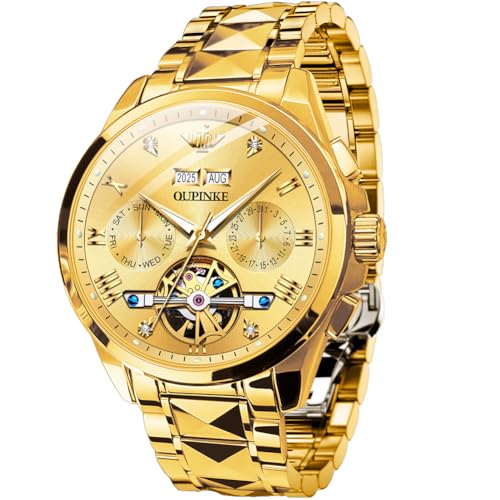 OUPINKE Mens Watches Skeleton Automatic Mechanical Premium with Calendar Sapphire Crystal Tungsten Steel Waterproof Wrist Watch