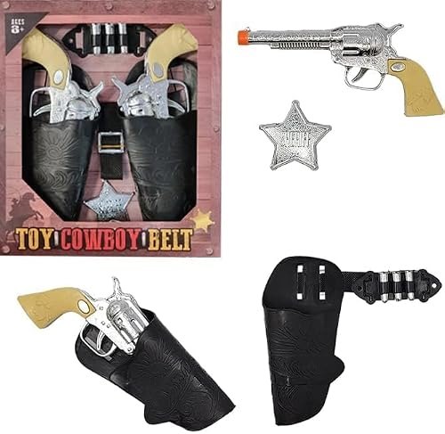 2-Count Halloween Kids Cowboy Toy Gun Holster & Belt 9 Piece Set. 2 Toy Pistols, 1 Sheriff Badge, 2 Gun Holsters & 3 Play Bullets, 1 Old Western Action Belt for Sheriff - Adjustable