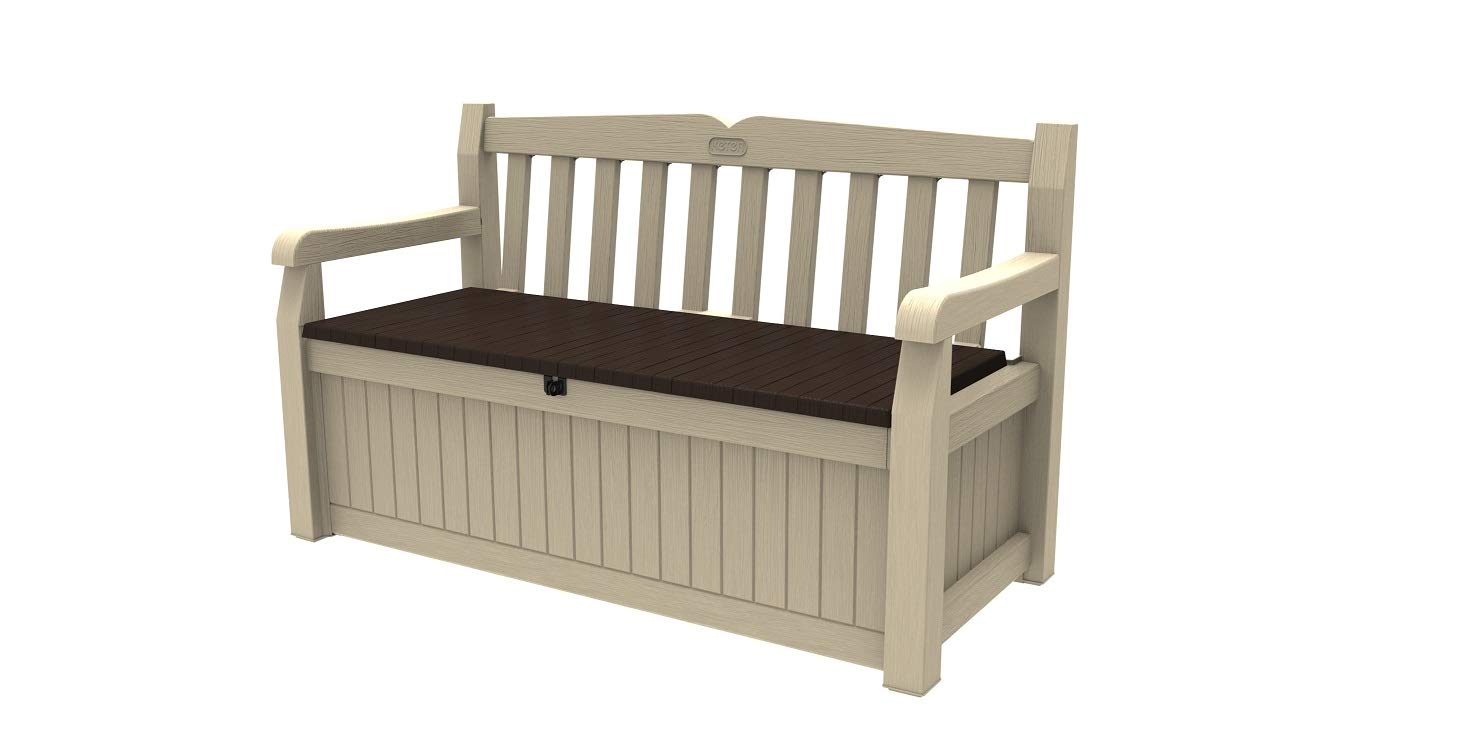 Keter Cassapanca Eden Banca Beige con Seduta Marrone 265 Lt in Resina, 140x60x84 cm & Amazon Basics Telo di copertura sagomato per panca a 3 posti