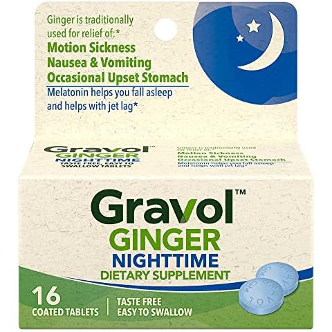 Gravol Ginger Nighttime Tablets for Upset Stomach & Nausea, 16ct with Melatonin Cover