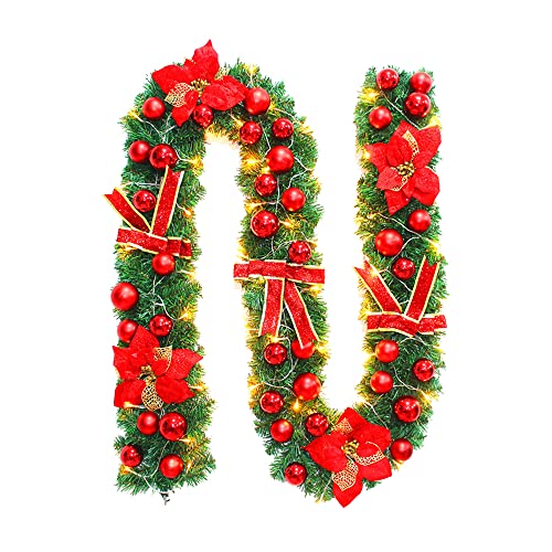 Suwin Guirlande de Sapin Artificiel Lumineuse Noël, Fleurs Décoratif Vigne 270cm PVC Rotin Ornements avec LED Lumineux Décorés, pour Noël Maison Jardin Escalier Cheminée Porte (Arc Rouge + LED) Cover