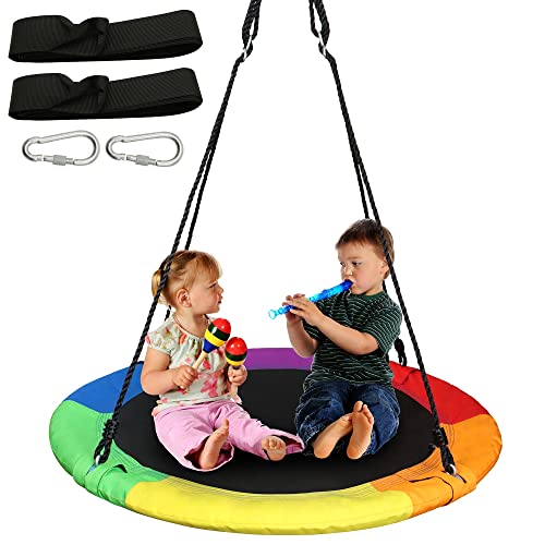 Image of TURFEE 40 inch Rainbow Saucer Tree Swing for Kids, Waterproof Swing Seat with 2 Tree Hanging Straps for Playground Backyard Outdoor Activity