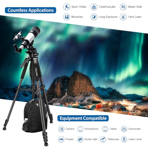 75" Camera Tripod, Aluminum Heavy Duty Camera Stand for ipad Phone, Travel Tripod with/Carry Bag/Phone Tablet Holder, Compatible with Canon Nikon Sony DSLR, Spotting Scopes, Max Load 15 Lb(Black)