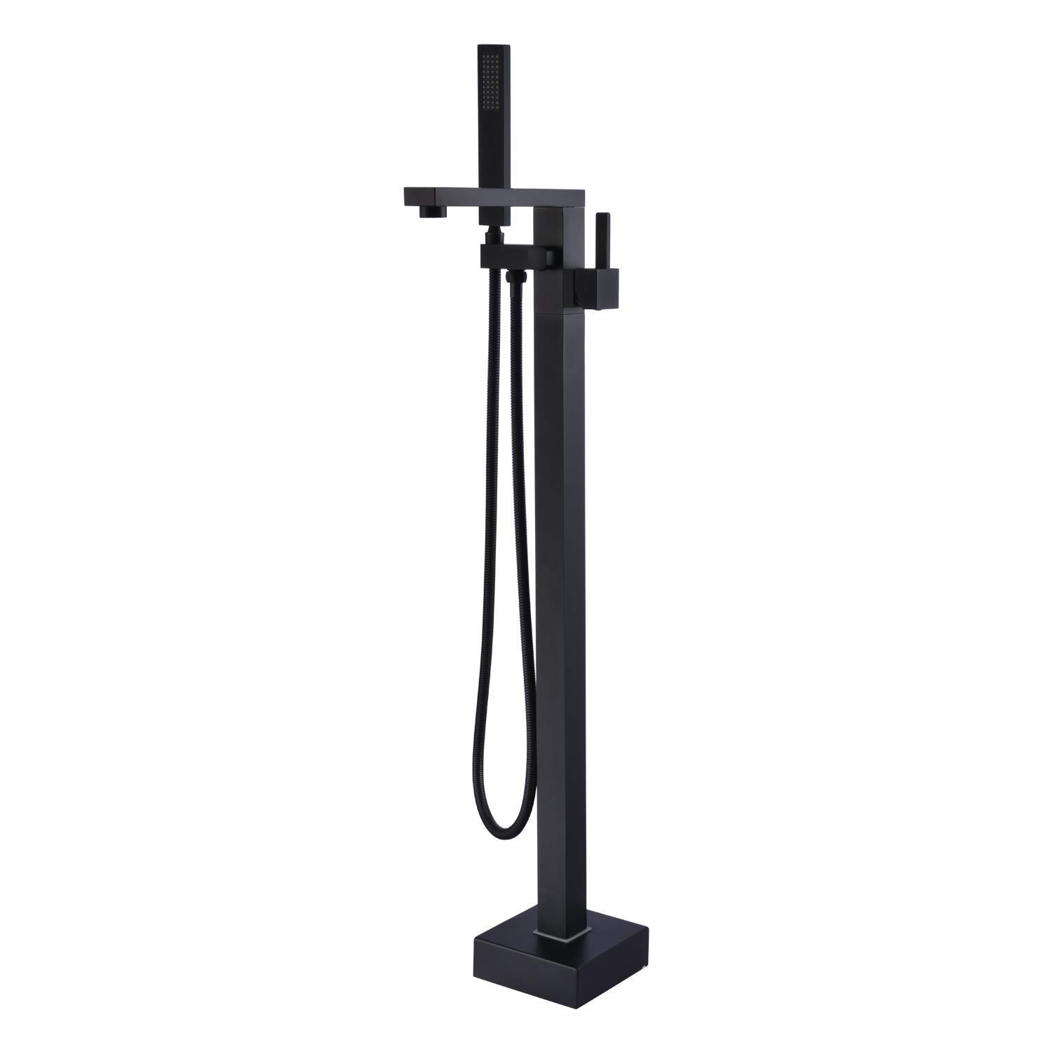 CWCQGH Freestanding Bathtub Faucet, Square Single Handle Waterfall Spout Tub Filler Brass Bathroom Faucets Floor Mounted Shower System with Handheld Shower and Shower Hose Set,C,Black