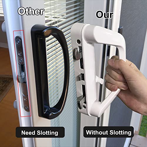 Sliding Patio Door Handle Set With Key Cylinder & Mortise Lock, Replacement Sliding Glass Door Lock Set Fits Door Thickness From 0.75In To 1.4In, 4-15/16" Screw Holes, Reversible Design, White #TOP4