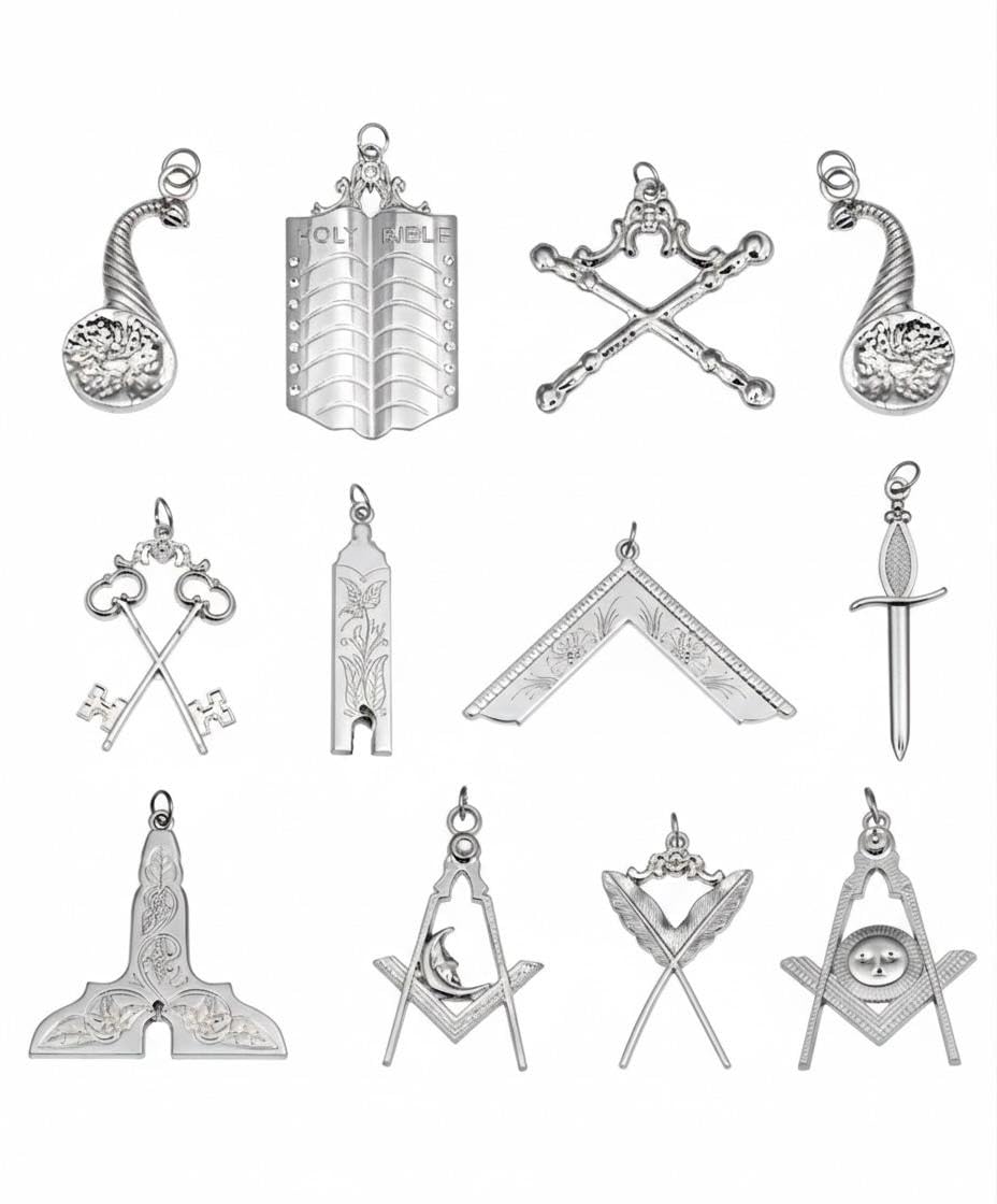 Masonic Blue Lodge Officer Collar Jewels - Set of 12 in Silver