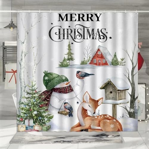Tenda da Doccia 120X200 "Buon Natale",Decorazione per Il Bagno con Scena di Fiocchi di Neve,Palle di Natale/Renne/Pupazzo di Neve/Cabine,Tenda da Bagno Bianca per Le Vacanze invernali,per Vasca da Ba