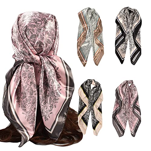 upeilxd 4Pcs Silk Head Scarves for Women Satin Hair Scarf 35”Large Square Bandana Silk Like Neck Scarf Shawl Sleeping Headscarf(Beige/Black/Pink/Green)