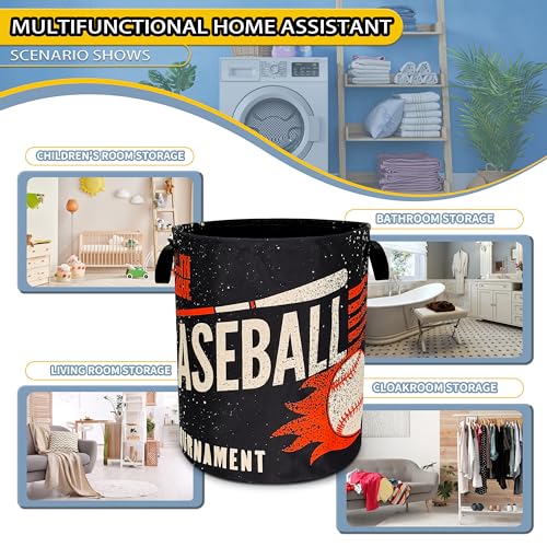 Image of Baseball Sports Laundry Basket Foldable Waterproof Hamper 18.9 x 16.5 Inch | Oxford Cloth With Reinforced Handles Lining Design Large-Capacity Storage For Bathrooms /Laundry Rooms / Living Rooms /Bedrooms