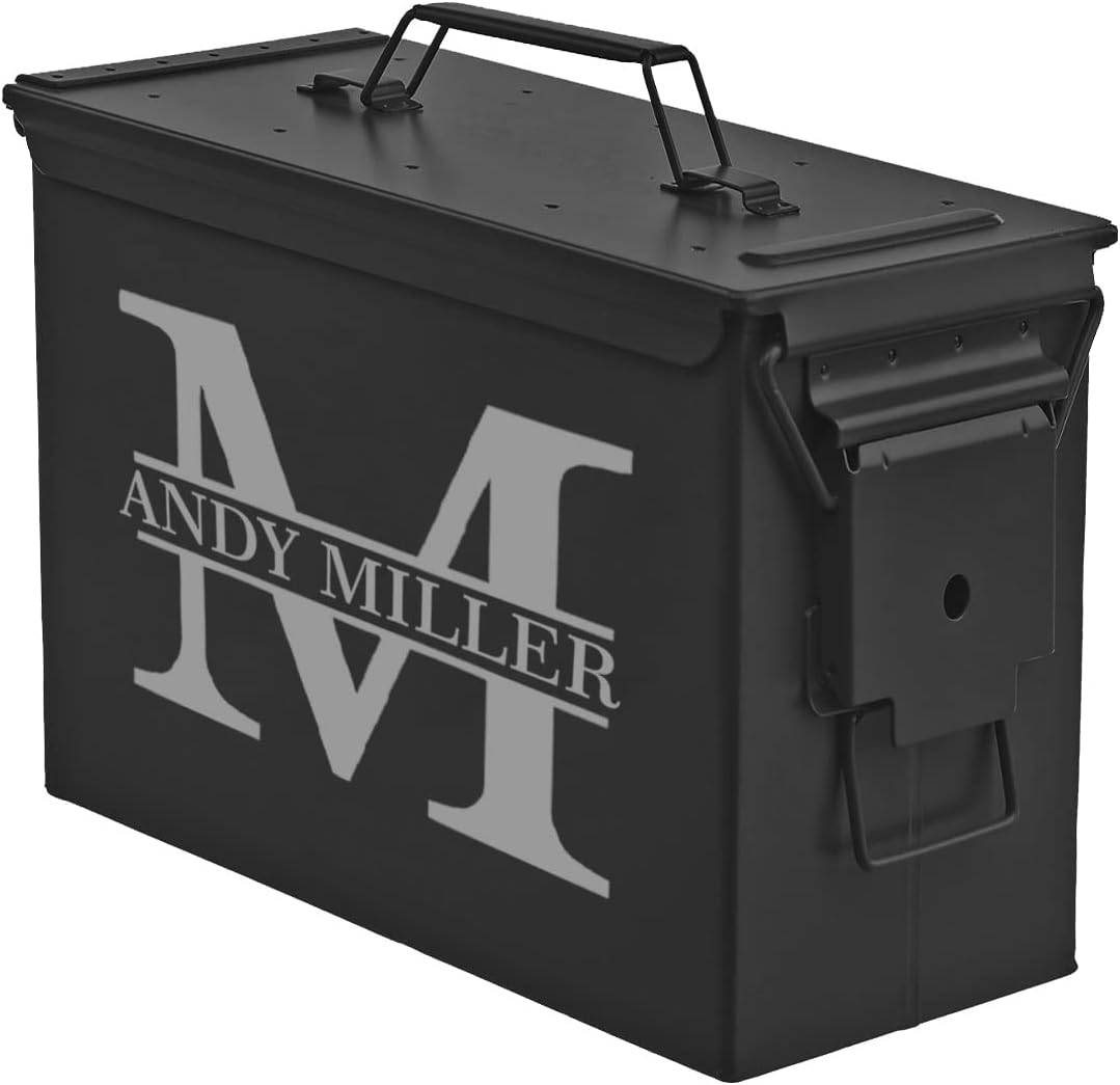 Daylor Custom Engraved Ammo Box Metal Ammunition Case Steel Storage Can Personalized Block Initial (50 Caliber, Black)