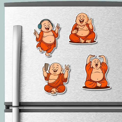 Image of Regalo Casila Laughing Buddha Fridge Magnet Set Fun Modern Monk Series 4 Pc Ideal Gift for Kids Adults Friends Colleagues
