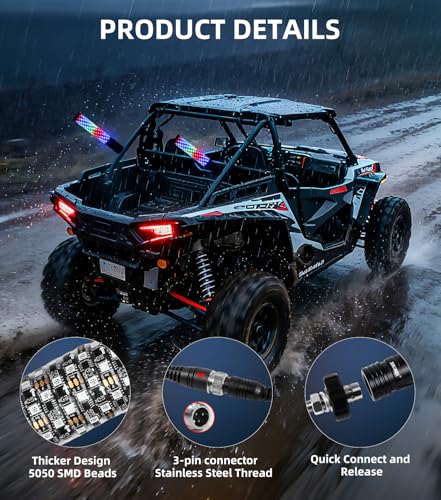 Image of ZIMABLUE 2PC 1FT Fat Whip Lights for Side by Side, App & Remote Control RGB Chasing Light whip with 3 Switchs for ATV UTV Dune Buggy Truck,LED Whip Light Compatible with Polaris RZR Can-Am Maverick X3