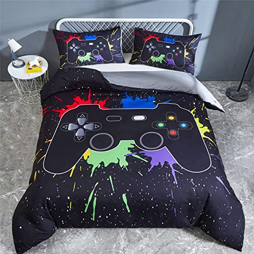 ZEIMON Gamer Duvet Cover Twin for Boys Teen, 3 Piece Gaming Duvet Cover Set with 2 Game Pillow Case, Video Games Controller Comforter Cover for Game Room Decor(Black,Twin)