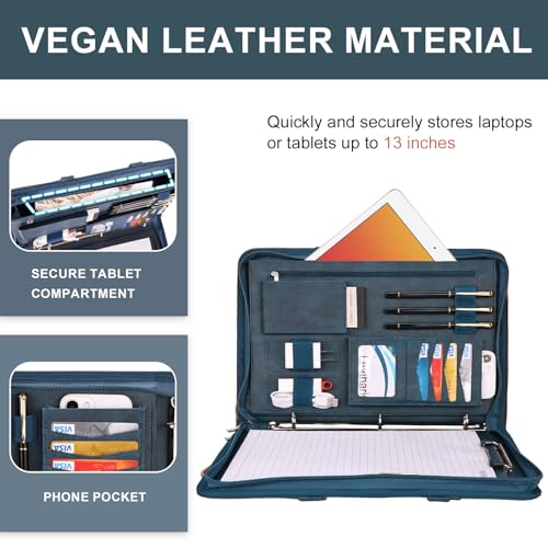 Image of Leathario Portfolio Binder, Includes 5 Folder Index Dividers, 13 Inch Tablets Organizer with Handle, Vegan Leather A4 Padfolio, Multi-Pocket Notepad Business Planner Professional Document