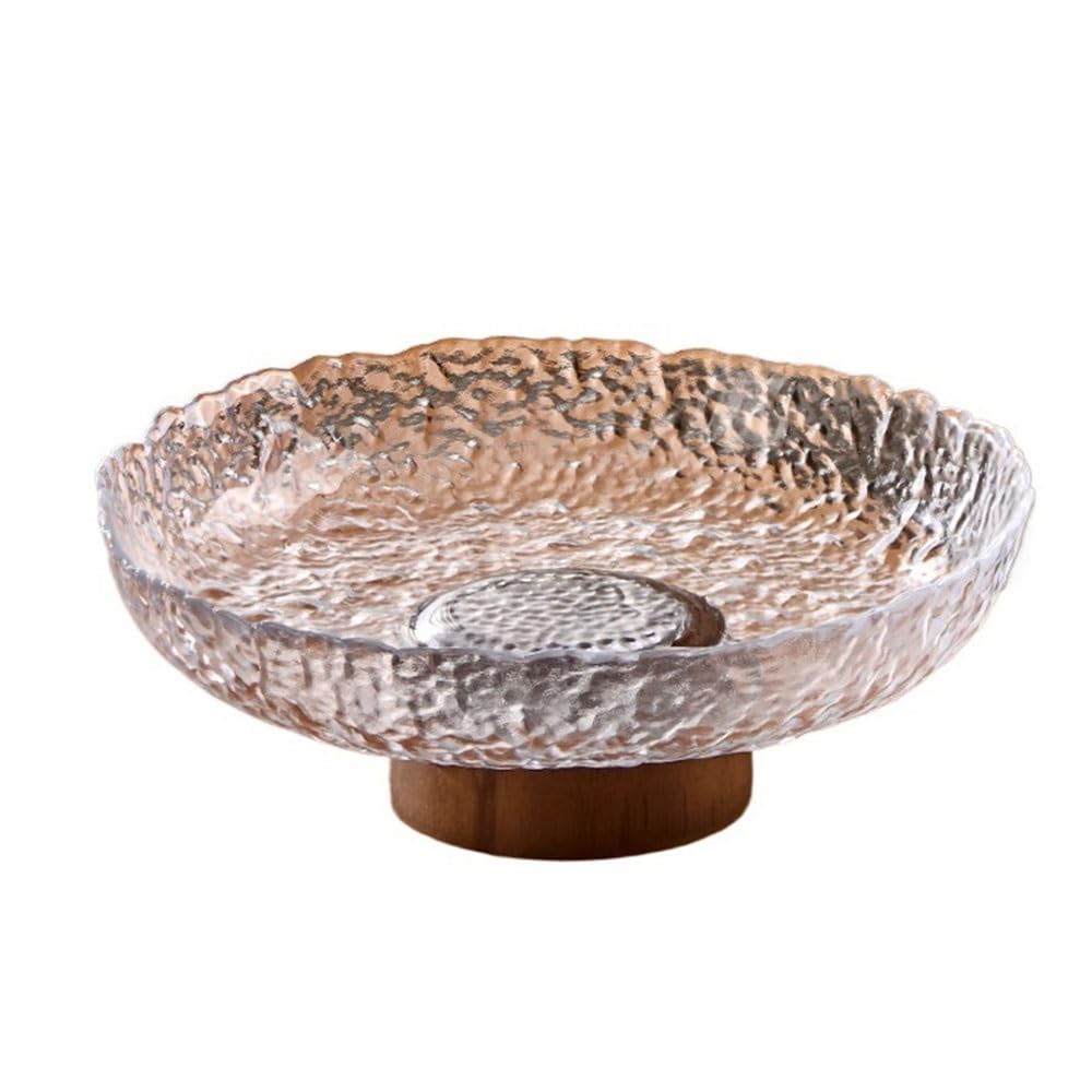IROEJT Countertop Fruit Bowl Textured Glass Fruit Bowl With Wooden Base Decorative Serving Dish For Fruits Snacks Tableware Fruit Basket Bowl，Transparent Large