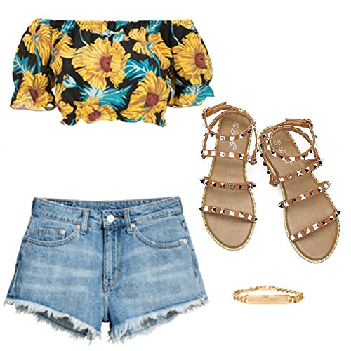 Katliu Women's Flat Sandals Strappy Studded Sandals Gladiator Sandals With Ankle Strap Khaki #TOP6