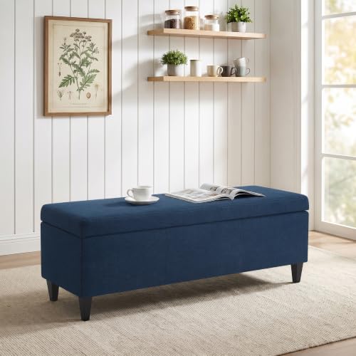 Image of Storage Ottoman Bench, 50.3 inch Fabric Upholstered End of Bed Bench (Blue)