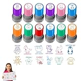 12 Stück Lehrerstempel Selbstfärbender Set - Bunte Cartoon TieresTempel Schule, Stempel Hausaufgaben, Motivation Briefmarken für Lehrerstempel Grundschule Lehrerbedarf