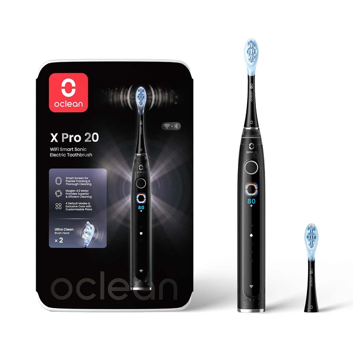 Oclean elektrische Zahnbürste X Pro 20, 4 Putzmodi Schallzahnbürste mit Timer, Touchscreen mit 12 Bereichsverfolgung, 84,000 Bewegungen/Minute, 40 Tage Akkulaufzeit Sonic Electric Toothbrush, Schwarz
