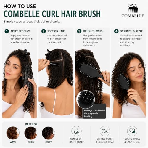 Image of Combelle 5-in-1 Curl Hair Brush, Vegan Boar Bristles, Bio-Baked PLA Handle, Detangling and Frizz Control for Curly Hair (Black)