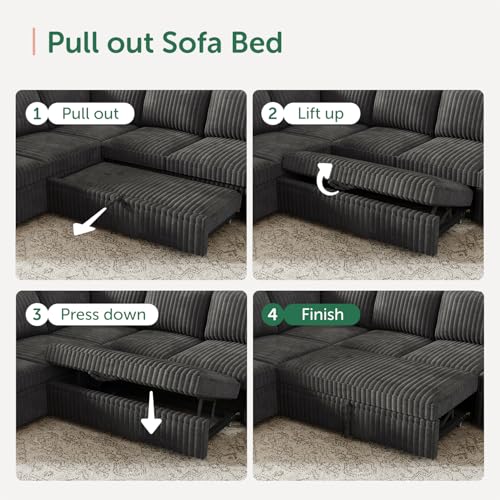 Image of HONBAY Modular Sectional Sleeper Sofa with Pull Out Bed,Corduroy U Shaped Couch with Storage, Sectional Couches for Living Room,Dark Grey