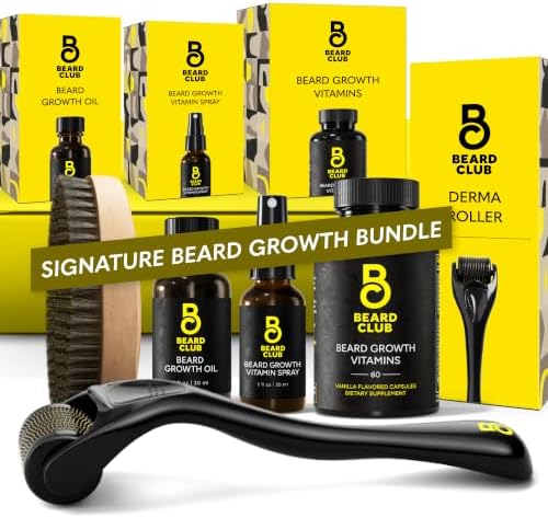 The Beard Club Signature Beard Growth Kit - Derma Roller, Beard Growth Oil, Beard Growth Vitamins, Vitamin Spray & Beard Brush - Gift Set