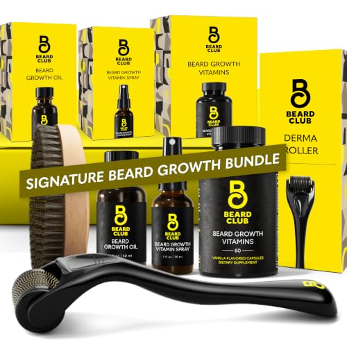 The Beard Club Signature Beard Growth Kit - Derma Roller, Beard Growth Oil, Beard Growth Vitamins, Vitamin Spray & Beard Brush - Gift Set