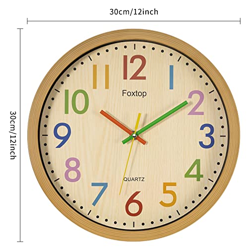 Foxtop Silent Kids Wall Clock 12 Inch Non-Ticking Battery Operated Colorful Childrens Clock For Classroom Playroom Nursery Bedrooms Kids Room School #TOP2