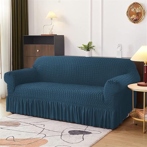 Image of Lukzer 320 GSM Stretchable 5 Seater Turkish Sofa Cover Universal Couch Protector Bubble Fabric with Frill Universal Big Elasticity Slipcover (Teal Blue /SC-103-05)
