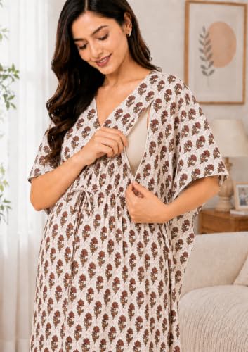 Image of Noty Women's- Kaftan | Maxi | Maternity | Feeding | Delivery Gown- Cotton Fabric- V Neck | Floral Print | 2 Pockets | Midi